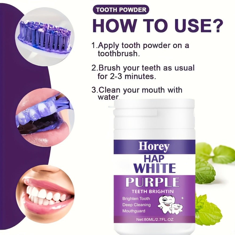 Purple Teeth Whitening Powder for Sensitive Teeth – BPA-Free Alcohol-Free Tooth Polishing Powder Deep Cleans Removes Odors Whitens Teeth Gentle Non-Irritating 3-Day Brushing Program for Adults