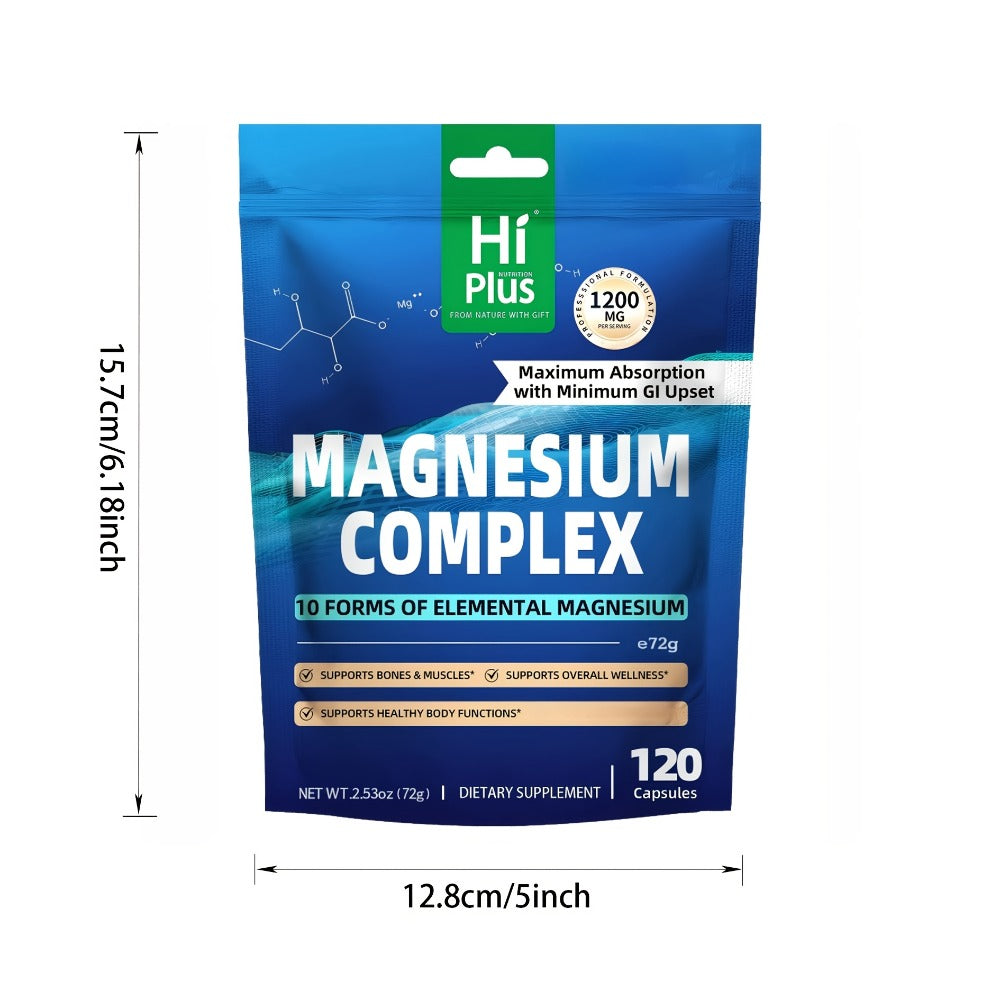 Magnesium Glycinate Complex 1200mg 10-in-1 Full Spectrum Vegan Capsules for Deep Sleep Calm Anxiety Relief Heart Bone & Nerve Health — High Absorption Gentle on Stomach 120 Capsules Women & Men