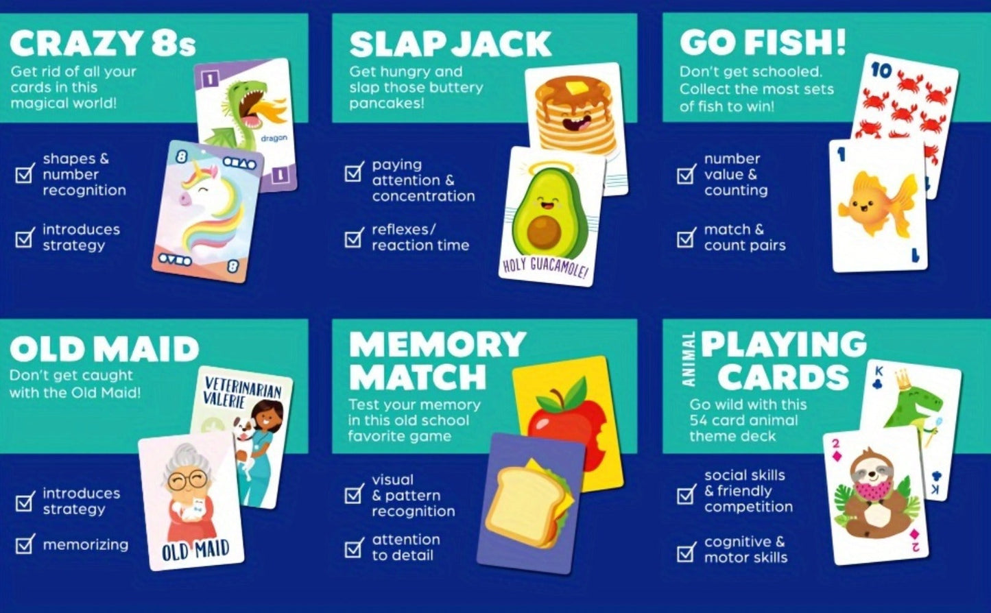 Kids Card Games 6 in 1 Set with 6 Decks Go Fish Old Maid Crazy Eights Memory Match Slap Jack Animal Cards for Ages 4+ Family Game Night Birthday Christmas Stocking Stuffer