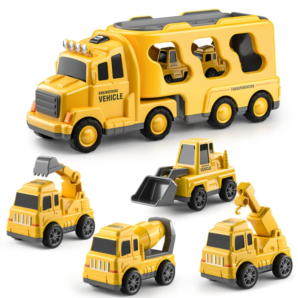 Construction Carrier Truck Toy Set for Kids Ages 3-7 – Large Transport Truck with 4 Mini Engineering Vehicles Excavator Crane Cement Mixer Bulldozer Friction Powered Yellow Gift Boys Girls
