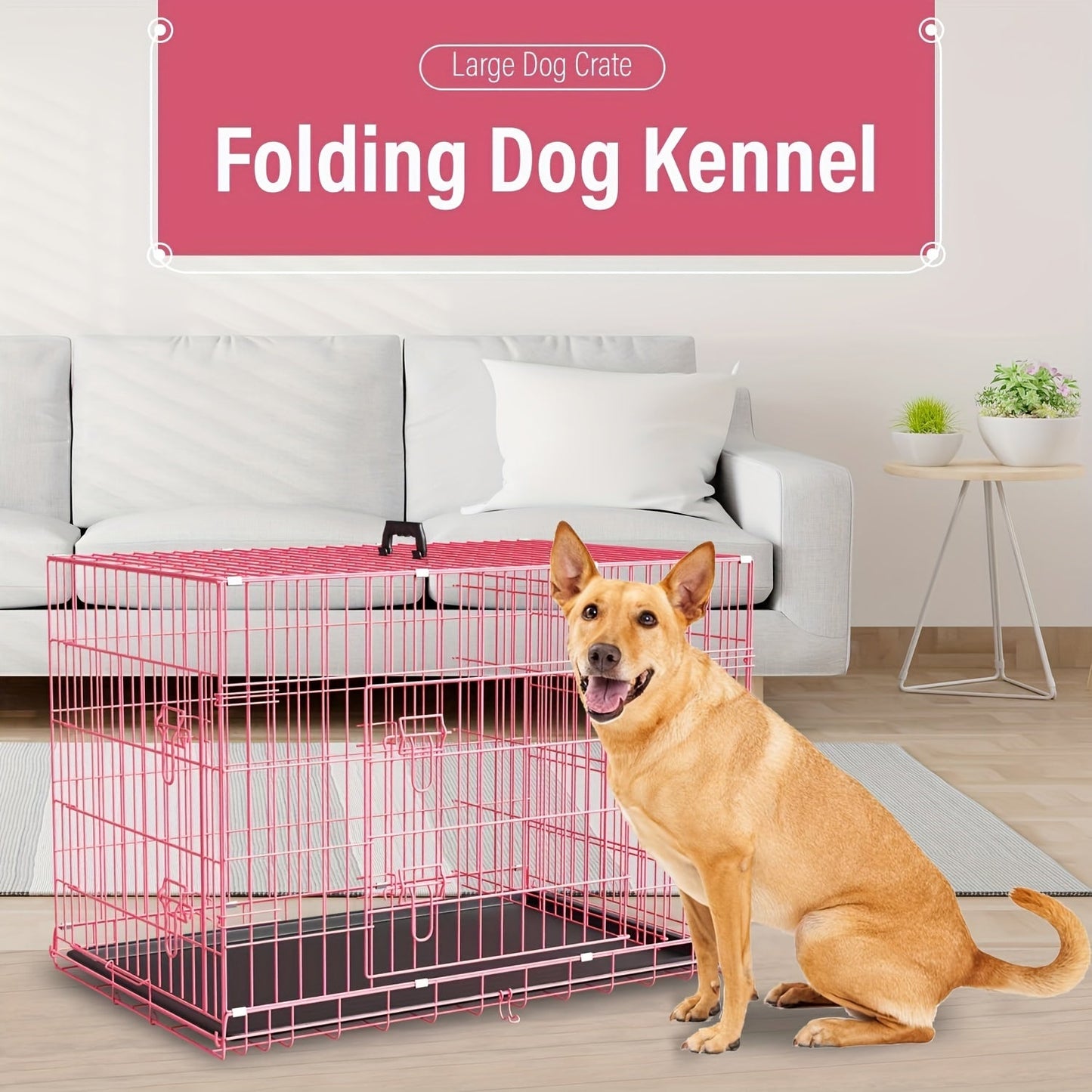 Dog Crate Double Door Folding Metal Cage with Divider & Leak-Proof Tray – 42 & 48 Inch Wire Kennel for Puppies, Medium & Large Dogs, Portable Indoor Outdoor Pet Crate, 3 Colors