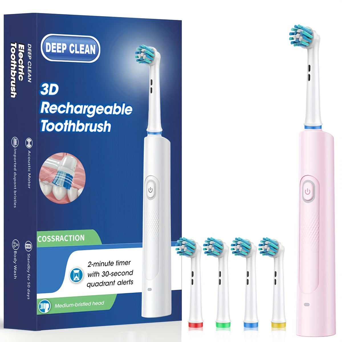 Electric Toothbrush with Smart Timer – Sonic Whitening, 3D Round Soft Bristle Head, IPX67 Waterproof, USB Rechargeable, 4 or 8 Brush Heads, Black White Pink for Adults, Couples & Families