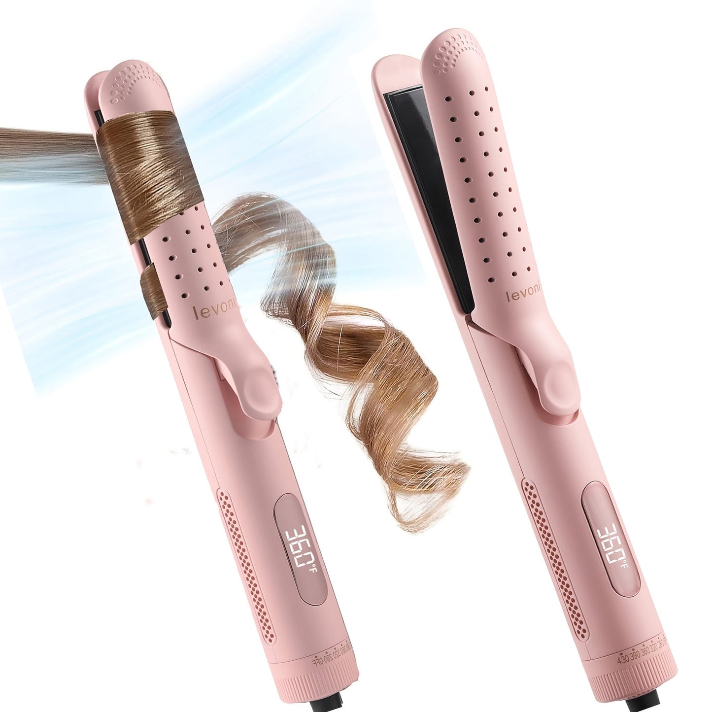 2-in-1 Curling Iron & Hair Straightener 360° Adjustable 5-Level Hot Cold Air Dual Voltage Fast Heat Salon Curler for Long Short Hair Women Black Pink