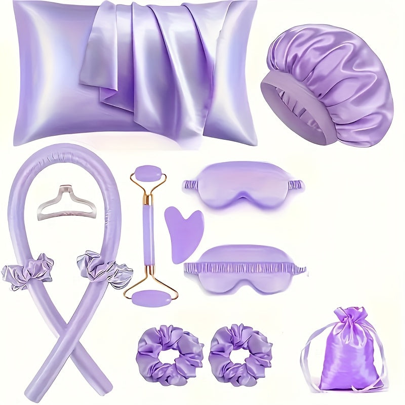 Heatless Curling Set 12pcs Overnight Sleep Hair Curlers Satin Sleep Cap Eye Mask Facial Roller Hairband Storage Bag No Heat Damage Frizz-Free All Hair Types Self-Care Gift Set Women Pink Black Purple