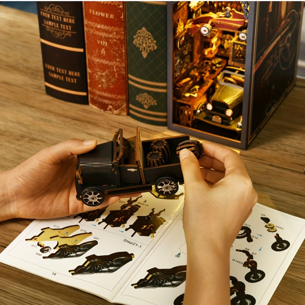 Book Nook Kit DIY – Car Players 3D Wooden Bookshelf Insert with LED Light, Vintage Alley Miniature Scene, Creative Craft Model Building Set, Unique Birthday Gift for Book Lovers Adults Teens