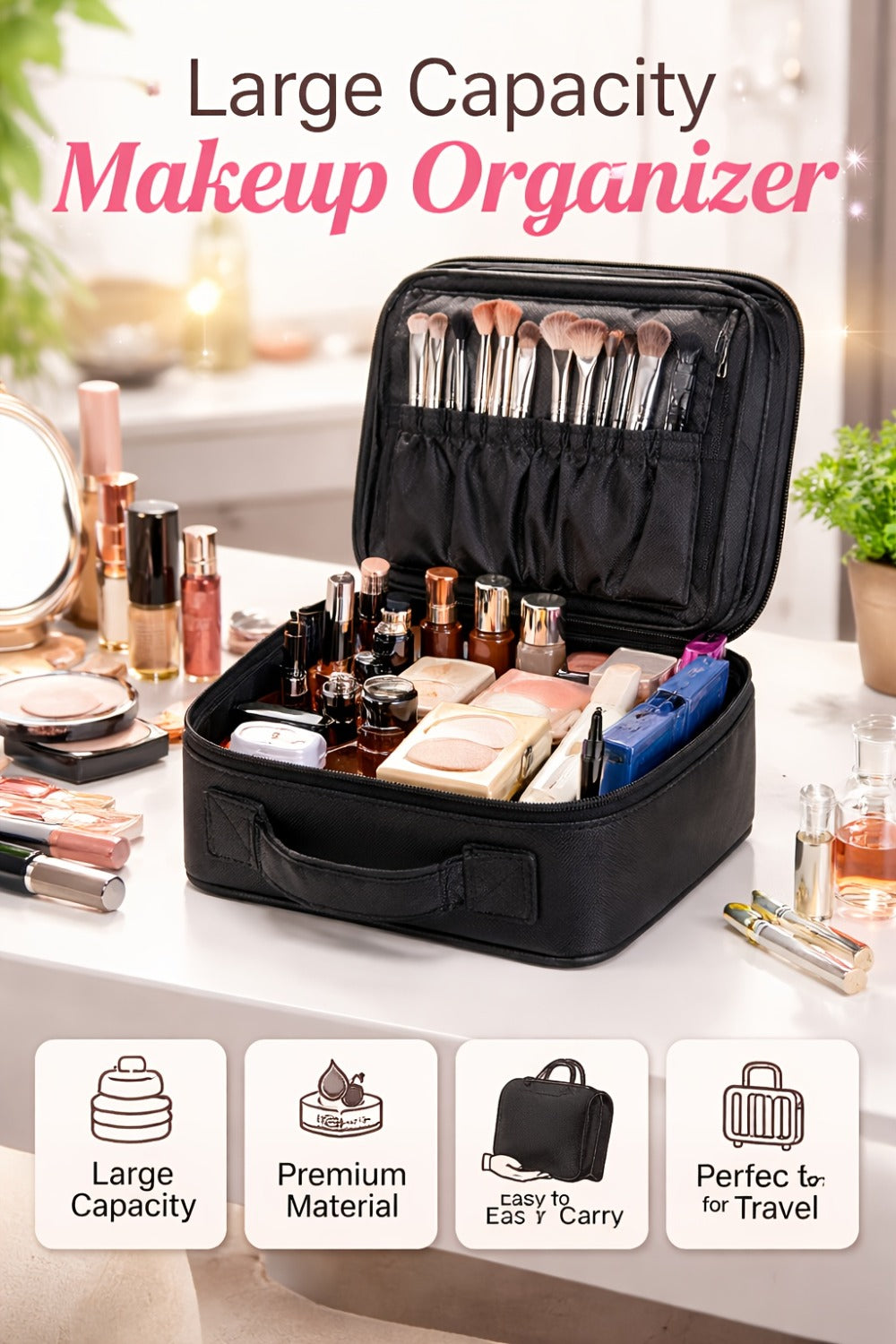 Large Makeup Bag for Women Travel Toiletry Case Durable Fabric Cosmetic Organizer Sturdy Handle Easy Clean Lining for Brushes Lipstick Skincare Beauty Storage Pouch Black 10.24x9.06 Inch