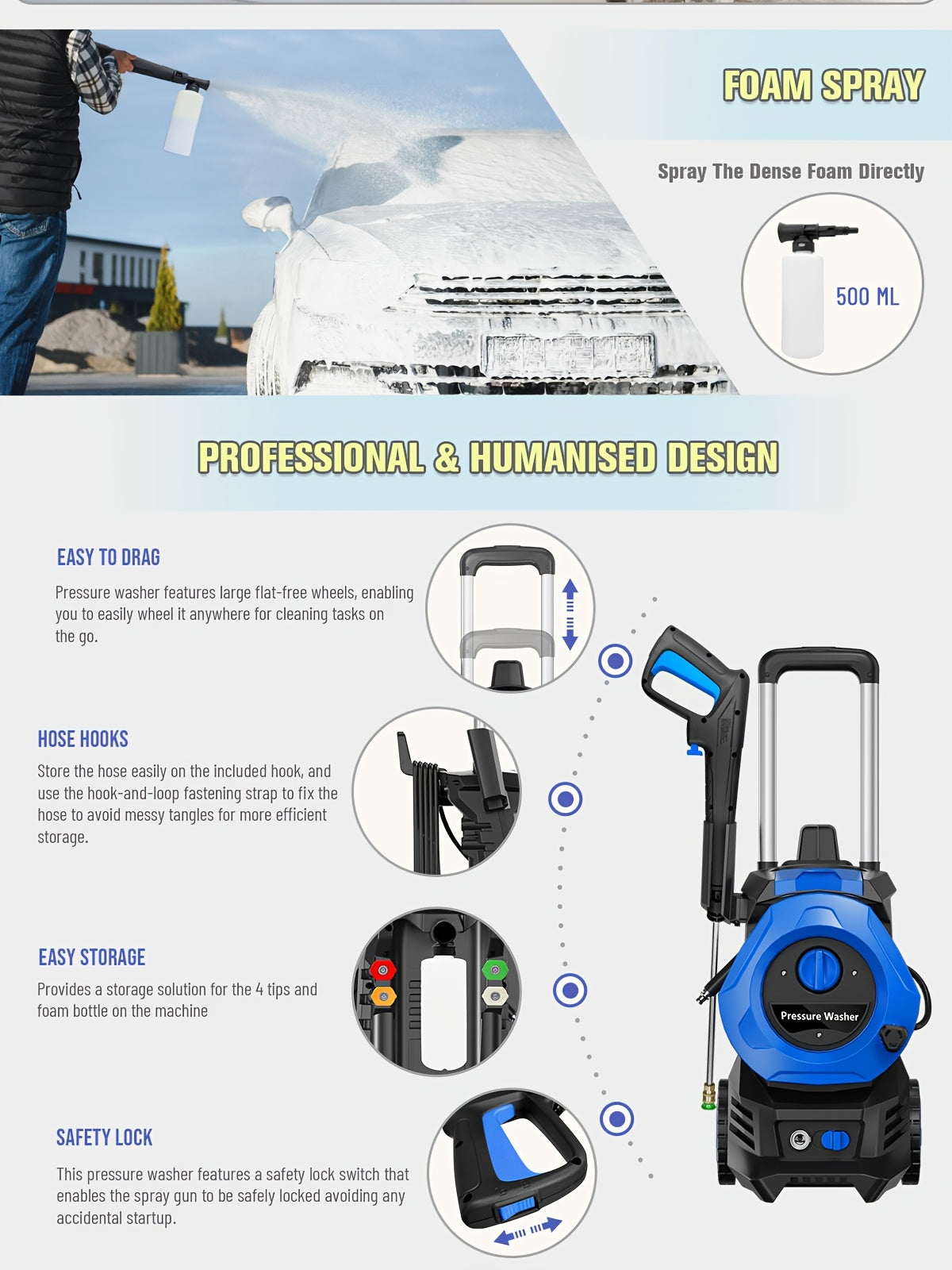 Pressure Washer Electric 4800PSI MAX 2.8 GPM – 25FT Hose, Foam Cannon & 4 Nozzles, Metal Construction Power Washer for Cars, Fences, Patio, Driveway & Outdoor Cleaning