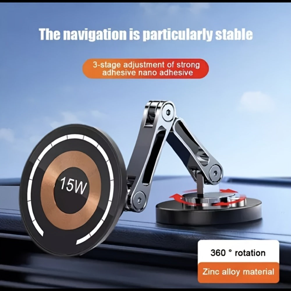 Magnetic Car Phone Mount 15W Wireless Charging – 360° Rotation, Foldable Stand, Super Magnetic Grip, Universal Fit for iPhone 12+ & Android Smartphones, No Battery Required