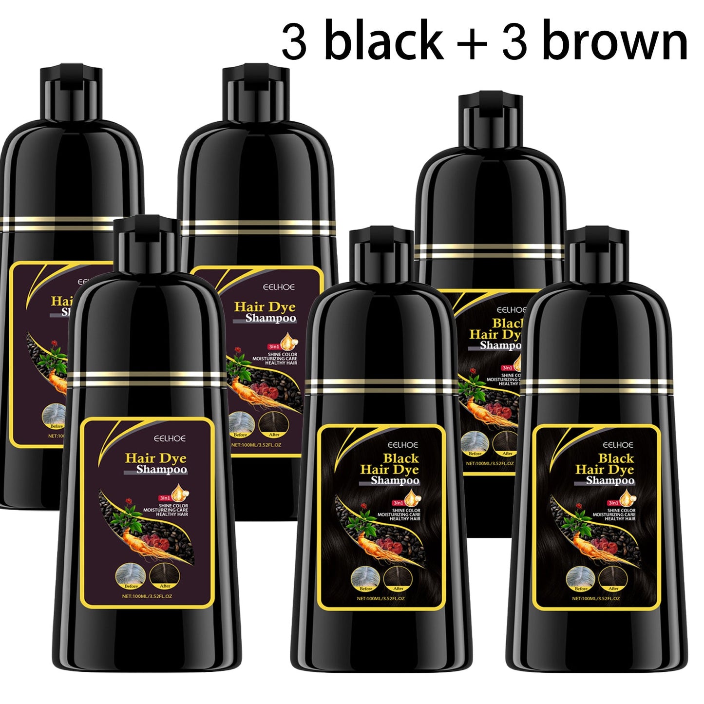 Natural Gray Hair Coverage Shampoo 6PCS Set 3-in-1 Darkening Formula – No Ammonia Color Restorer for Black & Brown Hair, Shampoo Conditioner & Color in One, 3.38oz Each for Men & Women