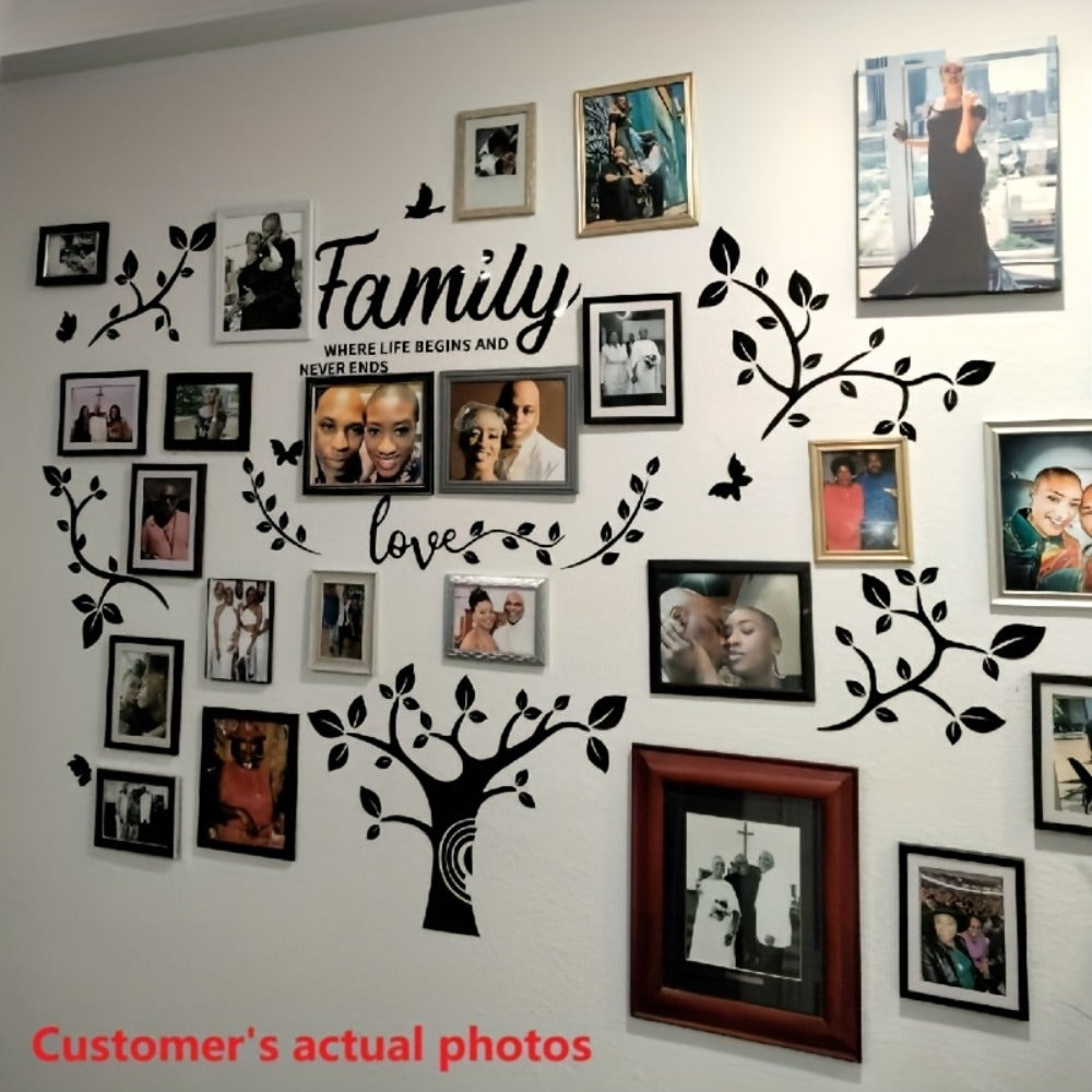 Family Tree Wall Sticker 3D Acrylic Photo Frame Collage – Removable Leaf-Shaped Picture Display with "Family" & "Love" Text, Peel & Stick Living Room Wall Decor, 81.5 x 57.48 Inches