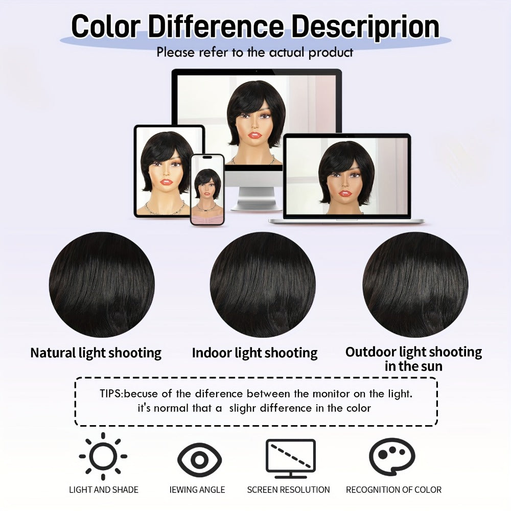 Short Human Hair Wigs for Black Women Curly Pixie Cut Bob with Bangs Brazilian Remy 150% Density None Lace Front Natural Black 8 Inch | Easy Wear Daily Party