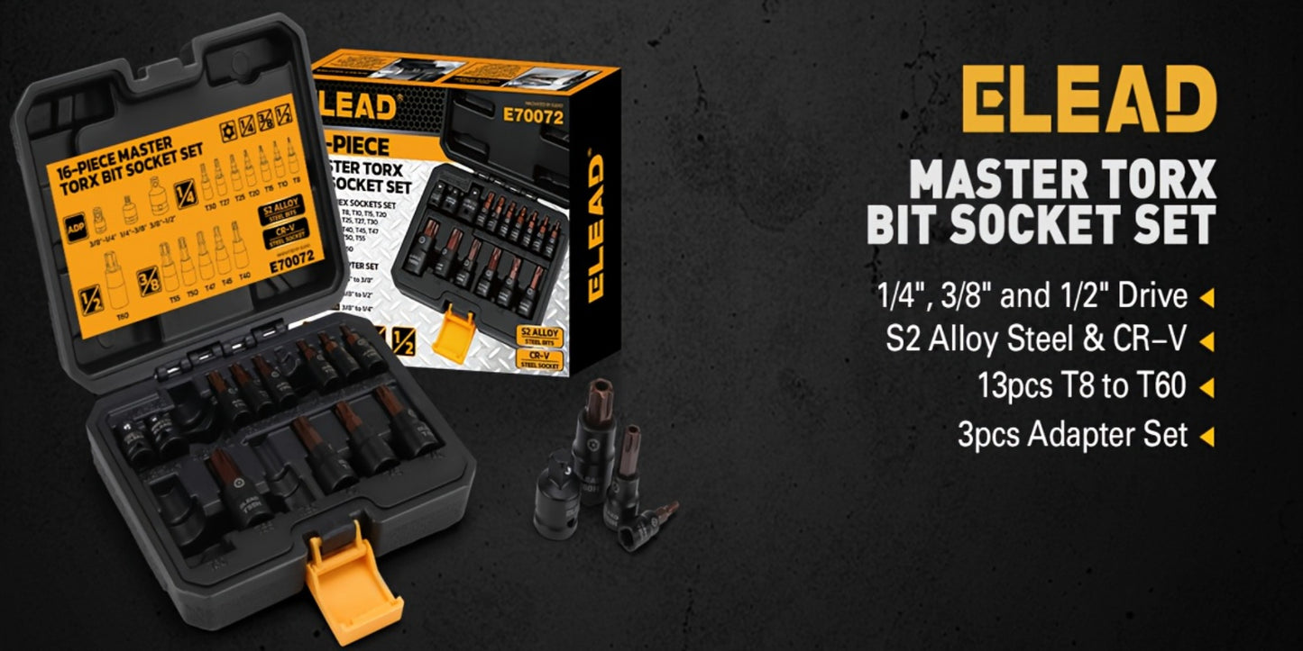 Torx Bit Socket Set 16-Piece T8-T60 | 1/4" 3/8" 1/2" Drive Star Bit Sockets with Adapters, S2 & Chrome Vanadium Steel, Professional Mechanic Tool Kit