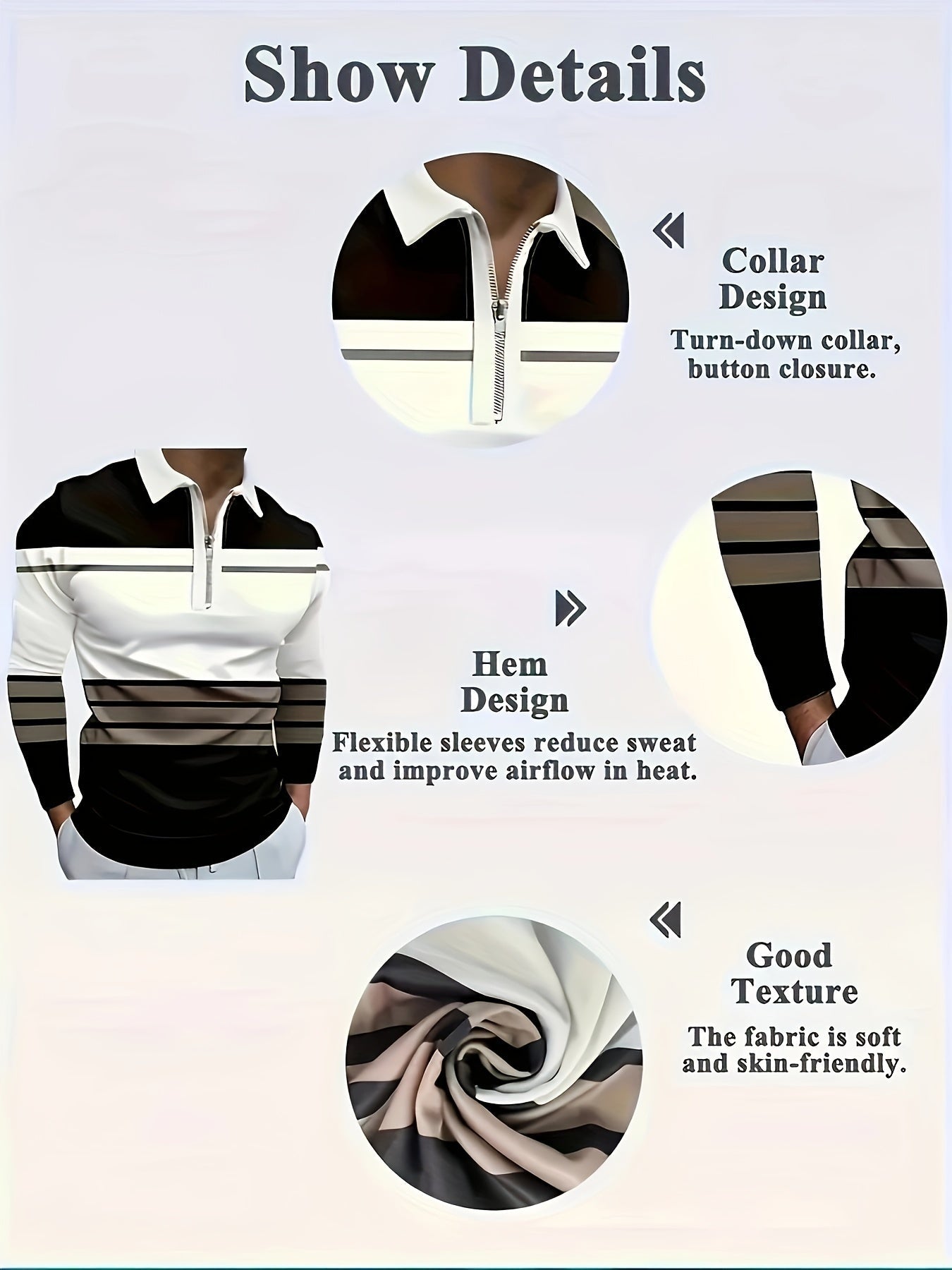 Men's Zip Collar Polo – Striped Long Sleeve Shirt