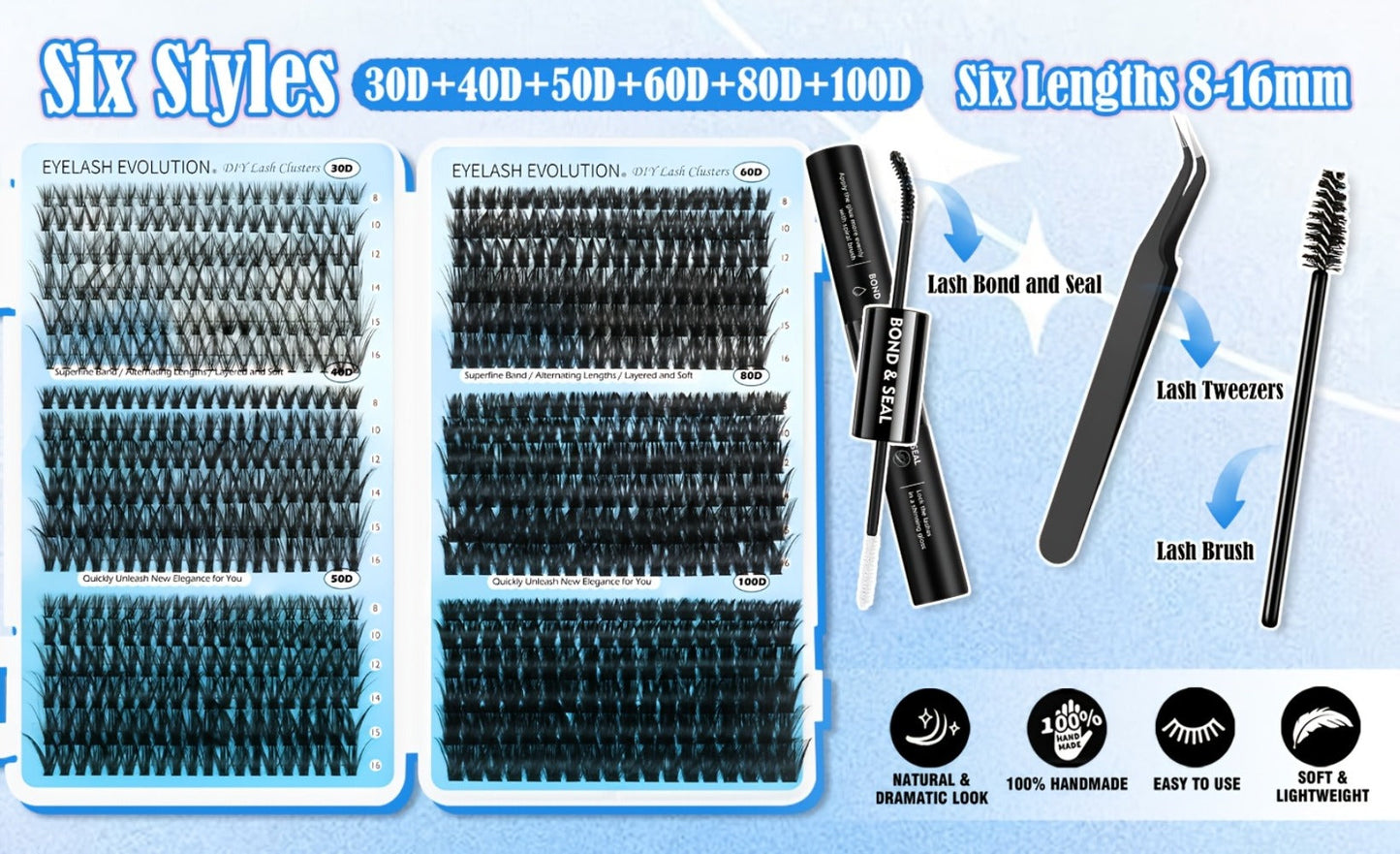 Lash Clusters Kit 720Pcs Individual Eyelash Extensions 30D 50D 80D 100D C Curl Wispy Cluster Lashes with Bond Glue & Tweezers – Complete DIY Lash Extension Kit for Beginners, Natural to Dramatic Eye Look