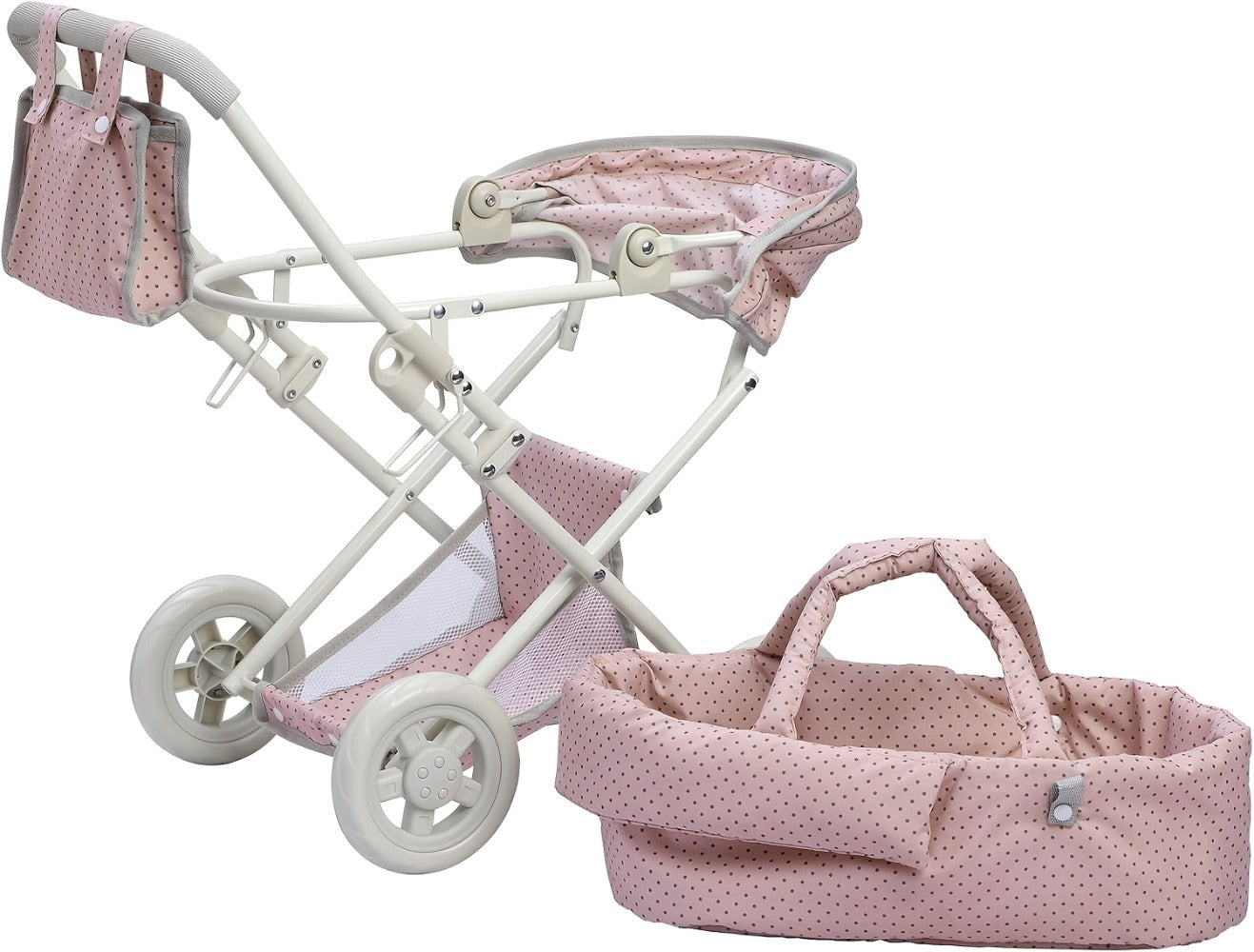 3-in-1 Baby Doll Stroller Set Pink Foldable Pram with Bassinet & Carry Bag for 14-24 Inch Dolls Swivel Wheels Adjustable Handle Nursery Role Play Gift for Girls Ages 3-12 (No Doll)