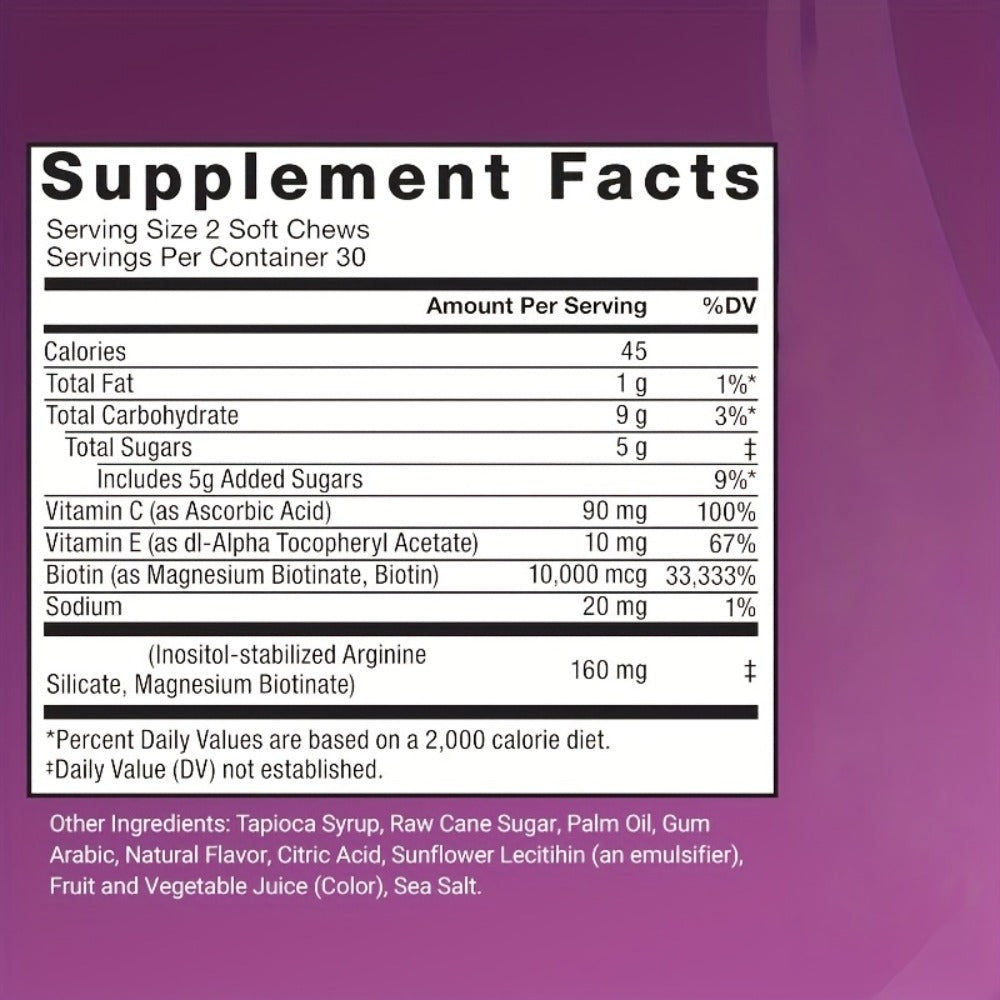 MONTUE Biotin Hair Gummies with Arginine, Vitamin C & Vitamin E – Daily Hair Nourishment Supplement for Women, Mixed Berry Flavor, 60 Soft Chews 30-Day Supply