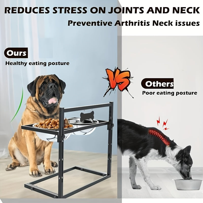 Raised Dog Bowl Stand Adjustable Height - Metal Elevated Feeder with 2 Stainless Steel Bowls for Large Medium Dogs, Non-Slip Dog Feeding Station