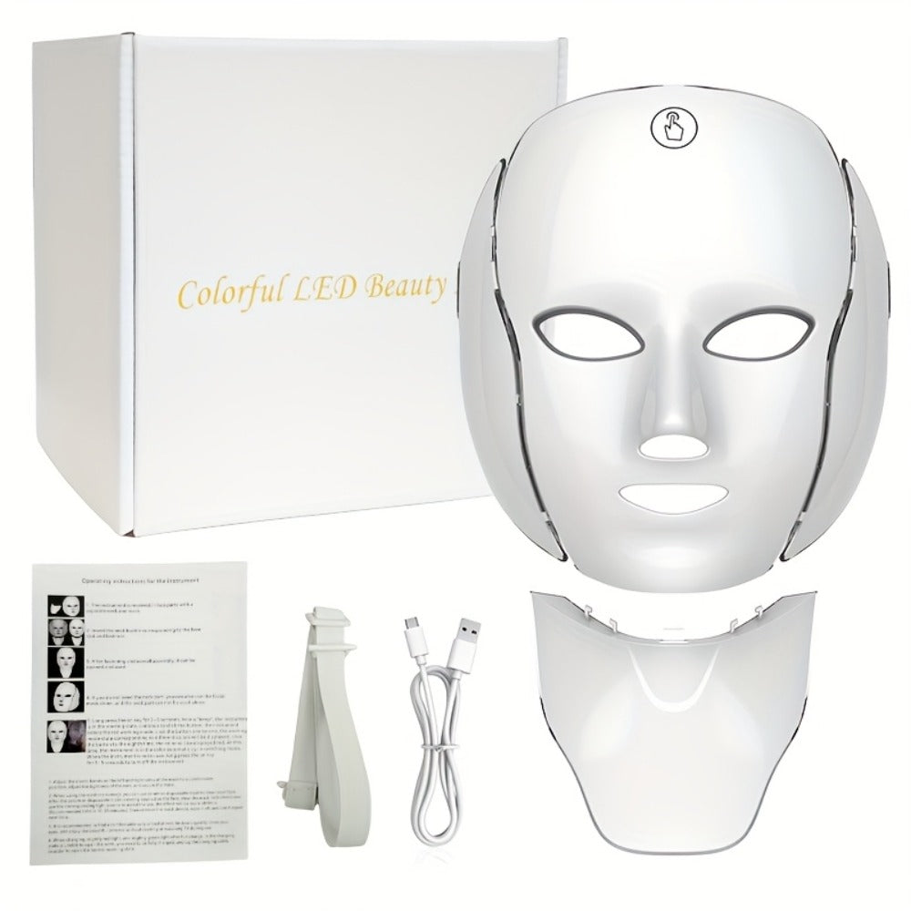 7-Color LED Light Therapy Facial Mask Device – Skincare Beauty Tool for Face & Neck, USB Rechargeable, Anti-Aging Red Light, Acne Blue Light, Skin Rejuvenation Gift