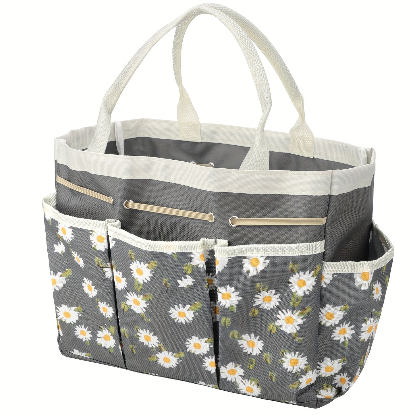 Garden Tool Bag Heavy Duty Multi-Pocket Organizer – Large Capacity Tool Storage Carrier Tote for Gardening, Lawn Care, Camping & Outdoor Work, Portable Daisy Pattern, Black & Gray (No Tools Included)