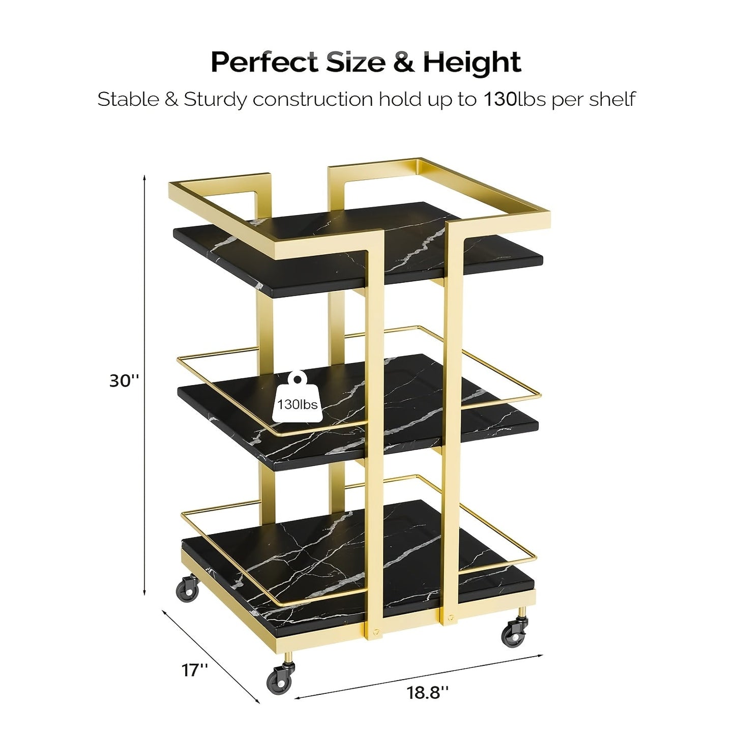 3-Shelf Rolling Salon Cart with Lockable Wheels 130lbs per Shelf – Heavy Duty Metal Frame Waterproof Utility Trolley for Esthetician, Spa, Tattoo, Massage & Manicure, Gold White Rose Gold Black