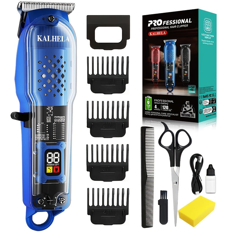 Retro Transparent Hair Clippers for Men – Electric Trimmer with LCD Display, USB Rechargeable Beard Clipper for Pompadour Fade Styles, Cordless Home Barber Tool, Red Black Blue