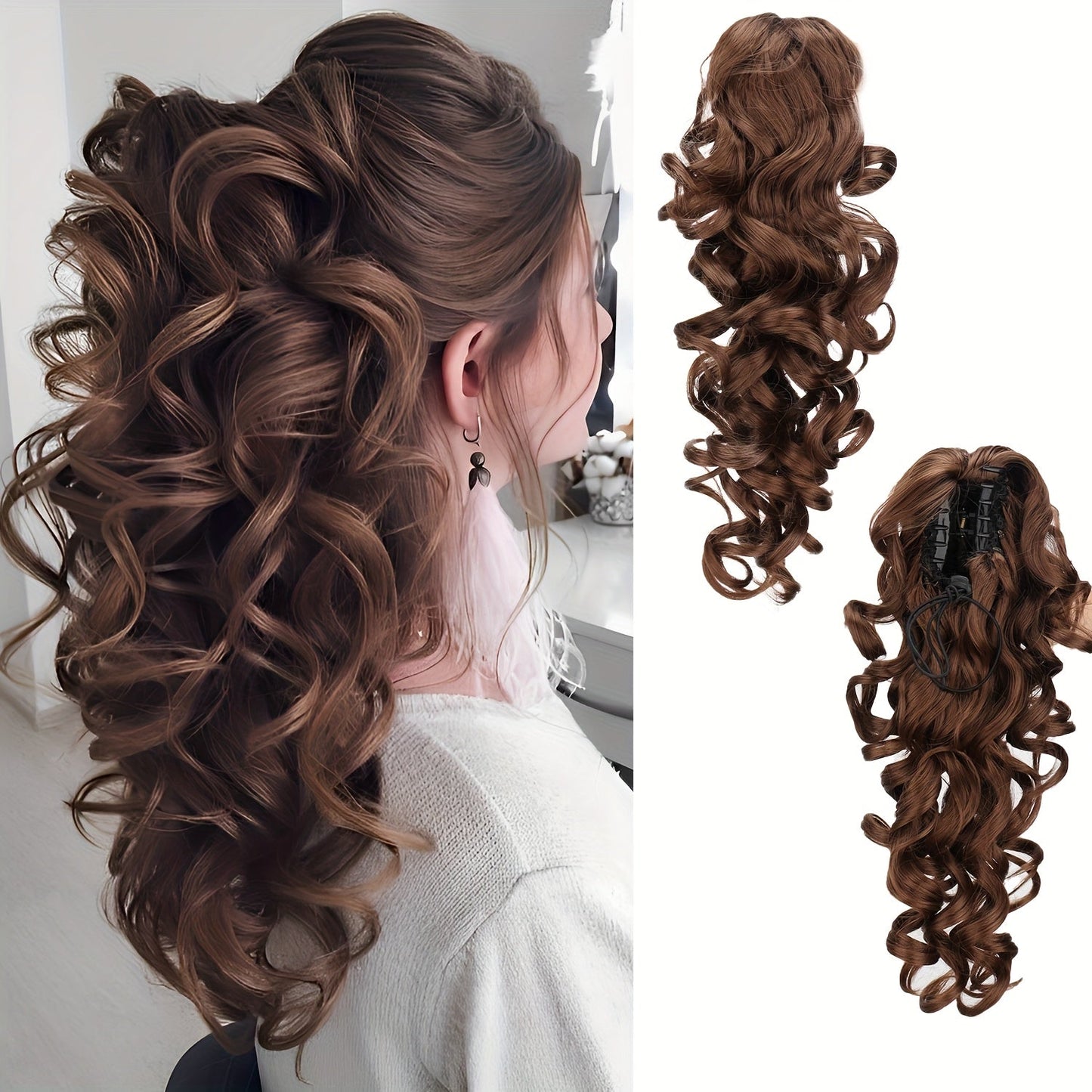 Scroll Curl Claw Clip Ponytail Extension Gradient Color 16 Inch | Synthetic Heat Resistant Hairpiece 5 Colors Linen Brown Golden Grey for Women Daily Wear & Special Occasions