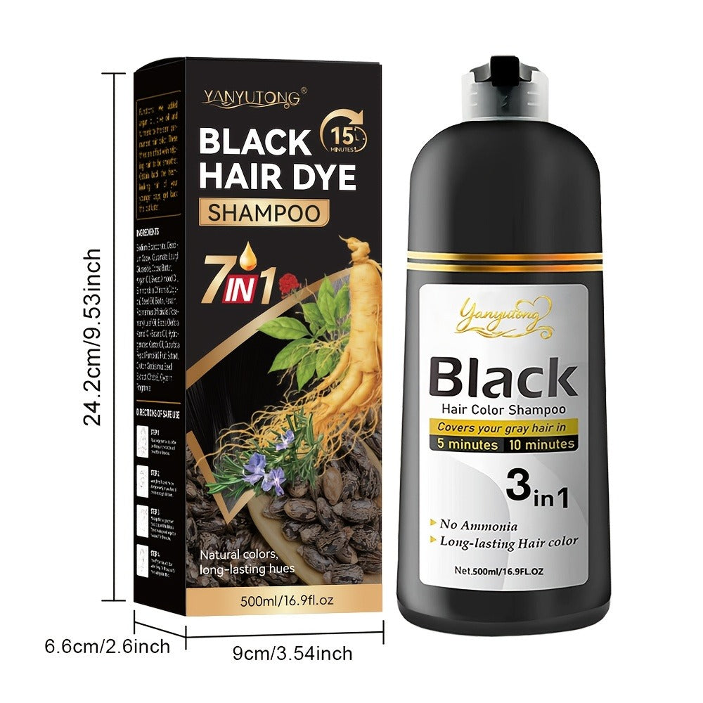 Black Hair Dye Shampoo for Men & Women 500ml — Natural Plant Pigments, Fast Gray Coverage for Hair & Beard, Gentle Scalp-Safe Formula, No Mix No Ammonia, Long-Lasting Color, 16.9 fl oz