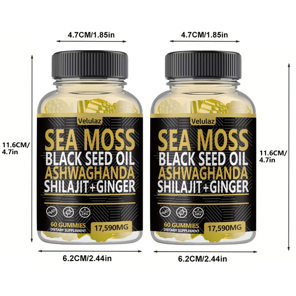 Sea Moss Gummies 10-in-1 Superfood Blend 60 Count 17590mg - Black Seed Oil Ashwagandha Shilajit Elderberry Turmeric Bladderwrack Ginger Chlorophyll Daily Immune Energy Wellness Supplement