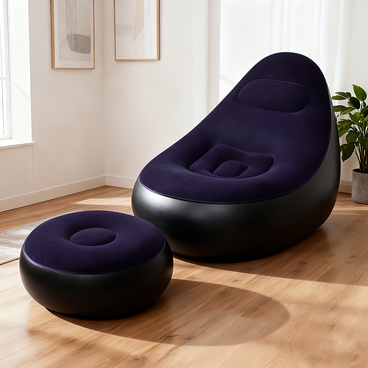 Inflatable Recliner Sofa with Footstool Set - Heavy Duty Portable Folding Air Couch with Plush Fabric & Pump Included, Space-Saving Indoor Outdoor Lounge Chair for Camping, Backyard, Living Room & Travel, 6 Colors Available