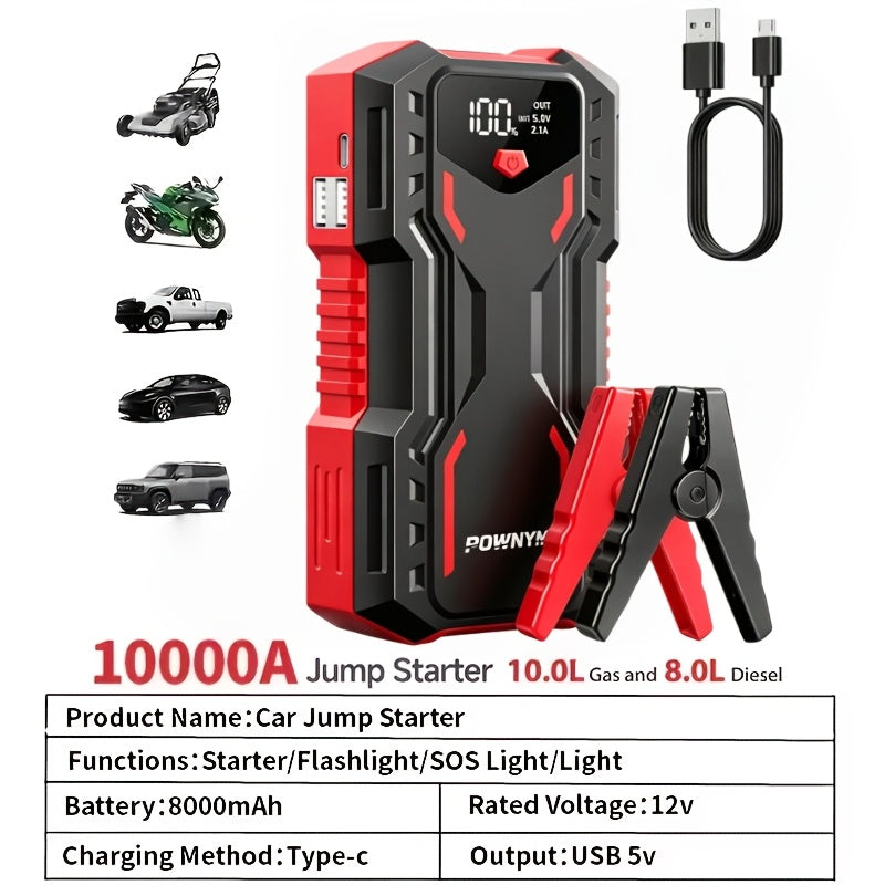 Jump Starter 10000A 7-in-1 with Air Pump – 150PSI Tire Inflator, Portable Battery Booster for Gas & Diesel, USB & USB-C Power Bank, LED Emergency Light