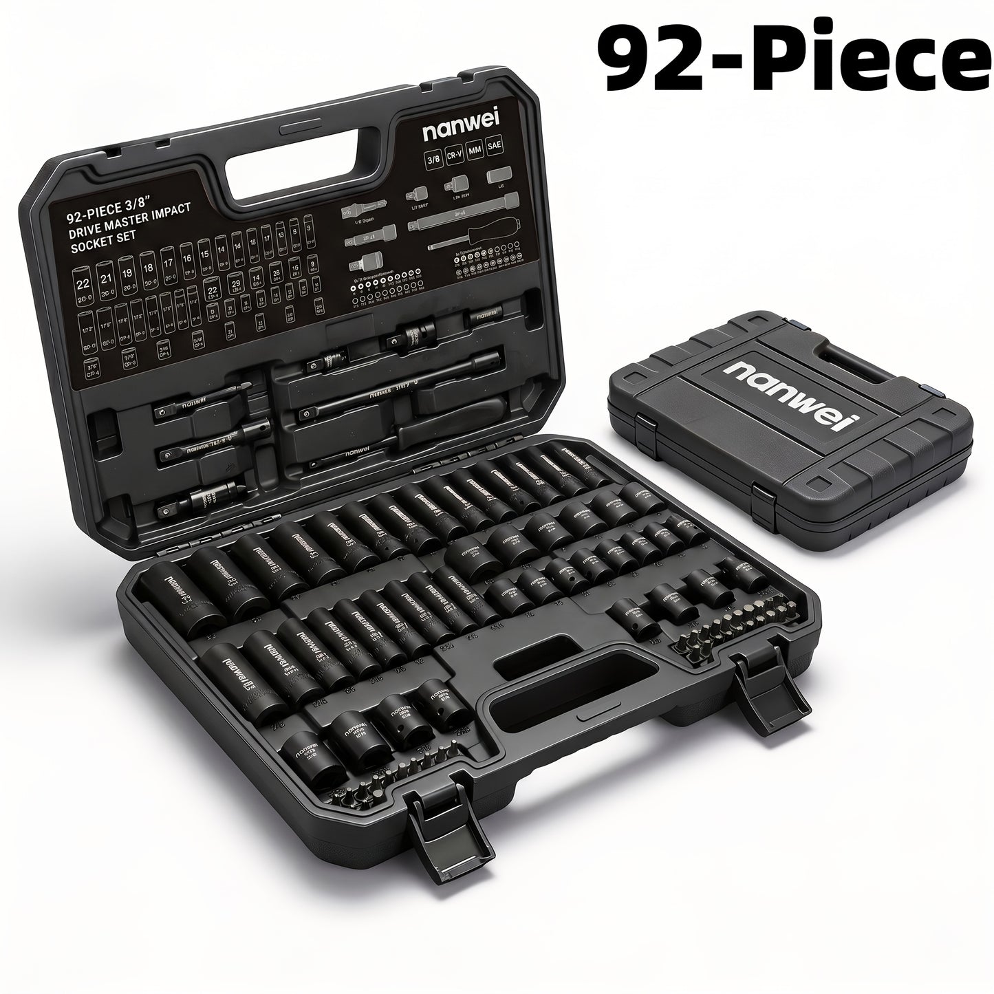 Impact Socket Set 3/8" Drive CR-V - 15/92 Piece Metric & SAE 6-Point with Ratchet Handle Adapter Storage Box for Auto Repair Mechanic DIY