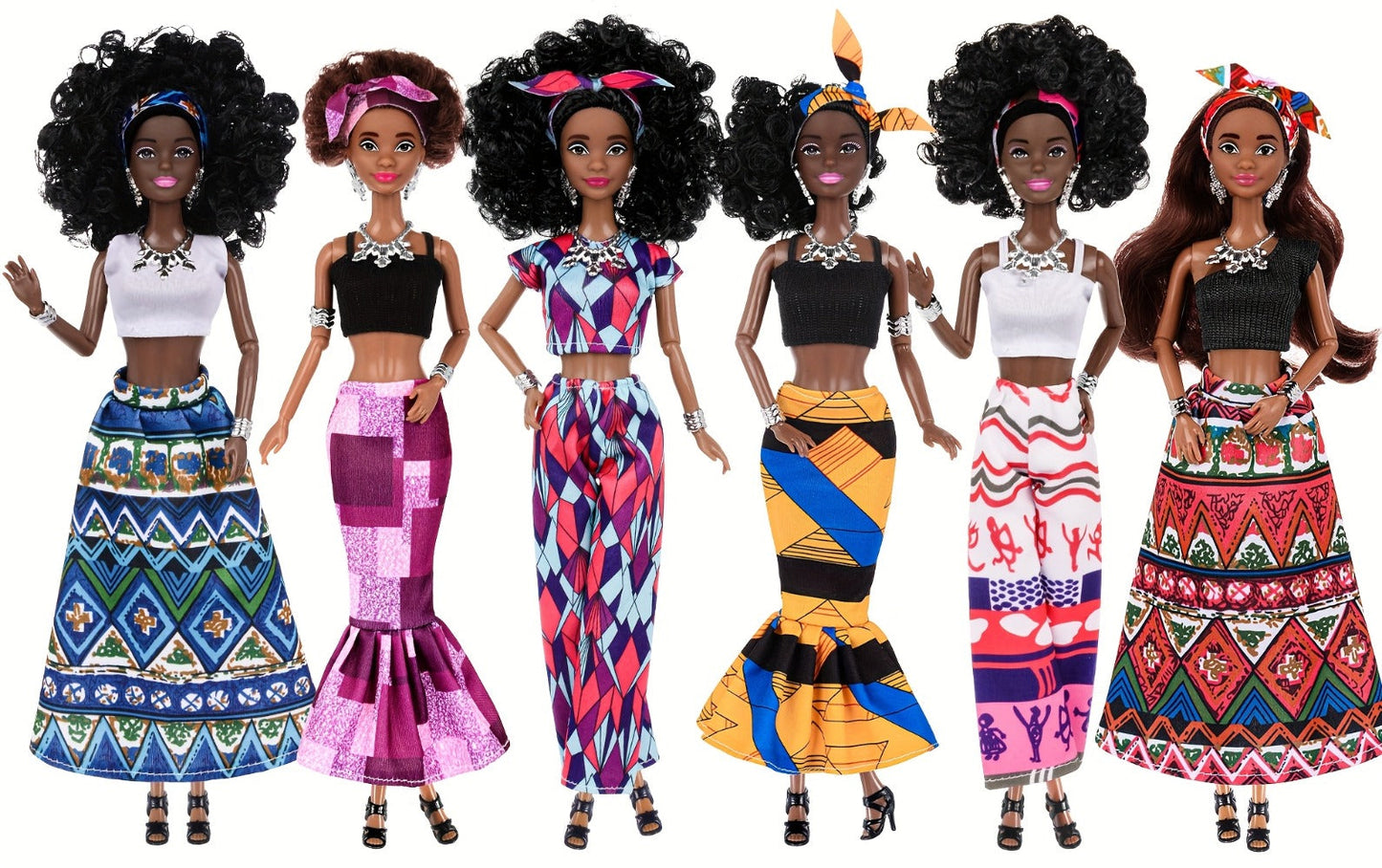 African American Fashion Doll Set 6 Pack 11.5 Inch Bohemian Curly Hair Dolls Removable Boho Outfits Headscarves Silver Necklaces Diverse Gift for Girls Kids Party Favors Birthday Christmas