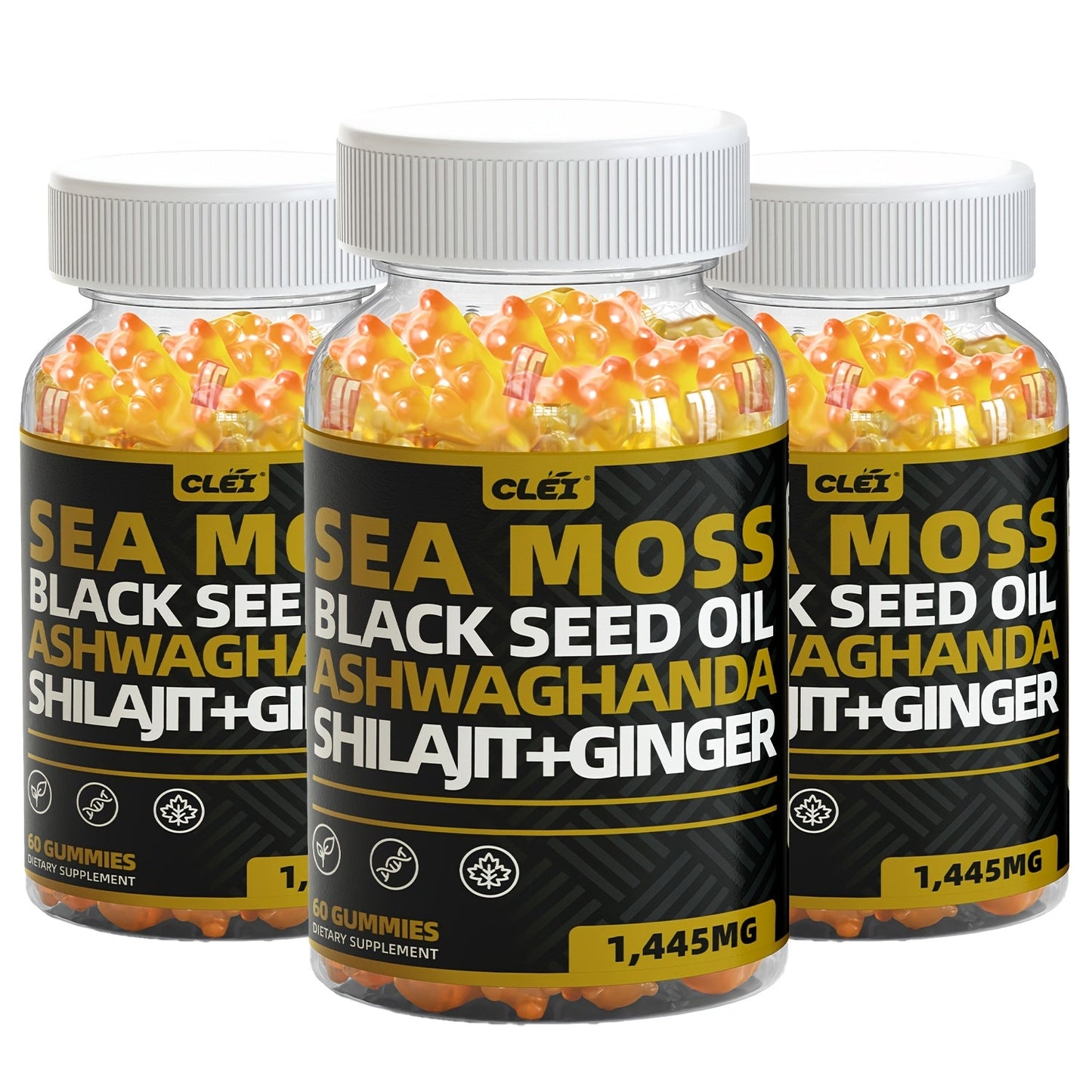 Immune Support Gummies with Sea Moss 1445mg – 10-in-1 Superfood Blend with Black Seed Oil, Ashwagandha, Elderberry, Turmeric, Bladderwrack, Chlorophyll, Shilajit & Ginger – 60 Count Daily Wellness Supplement