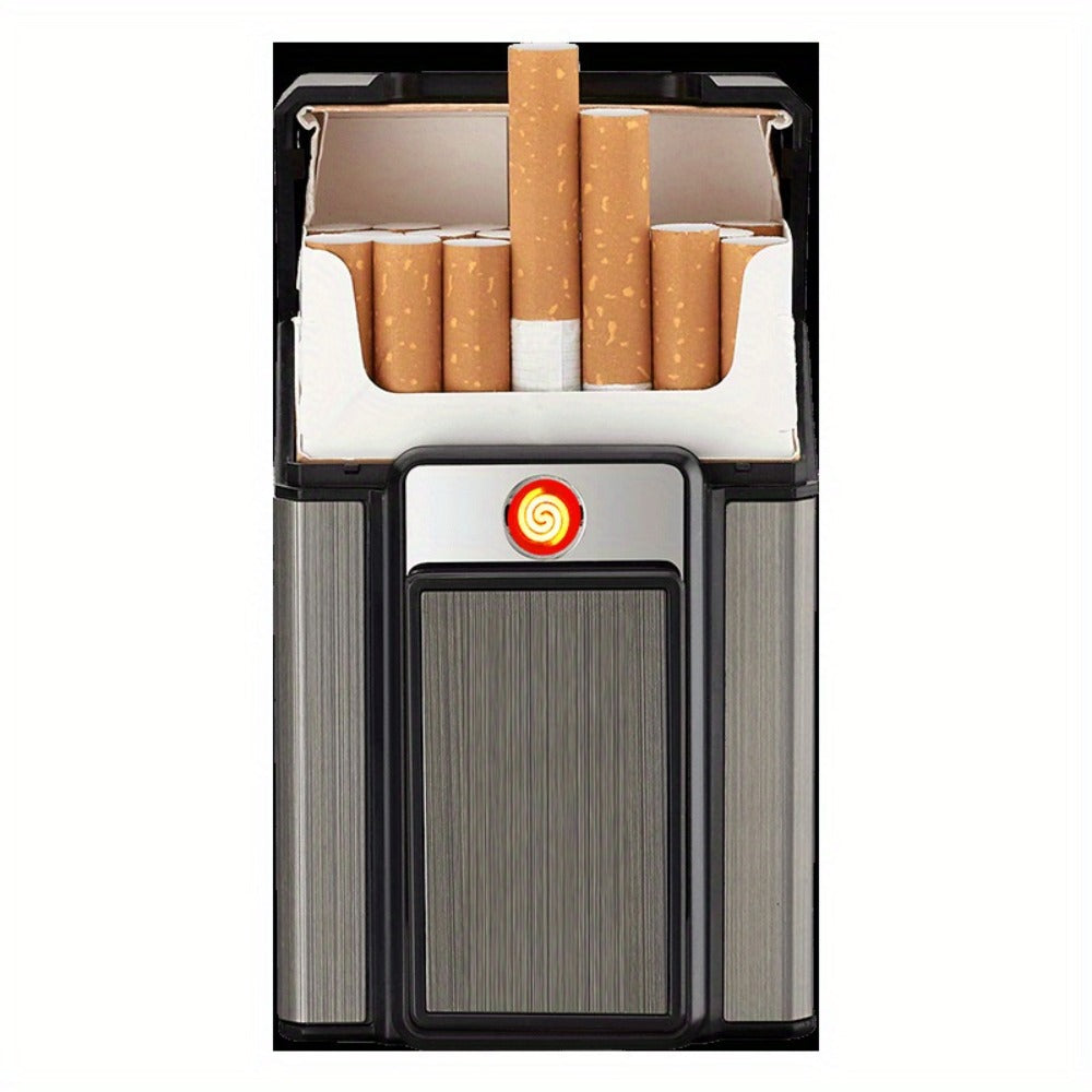 Cigarette Case with Built-in USB Rechargeable Lighter, Tungsten Filament Windproof Electric Igniter, One-Button Pop-Up, Holds 20 Cigarettes, Compatible with Soft & Hard Packs – Travel Cigarette Holder