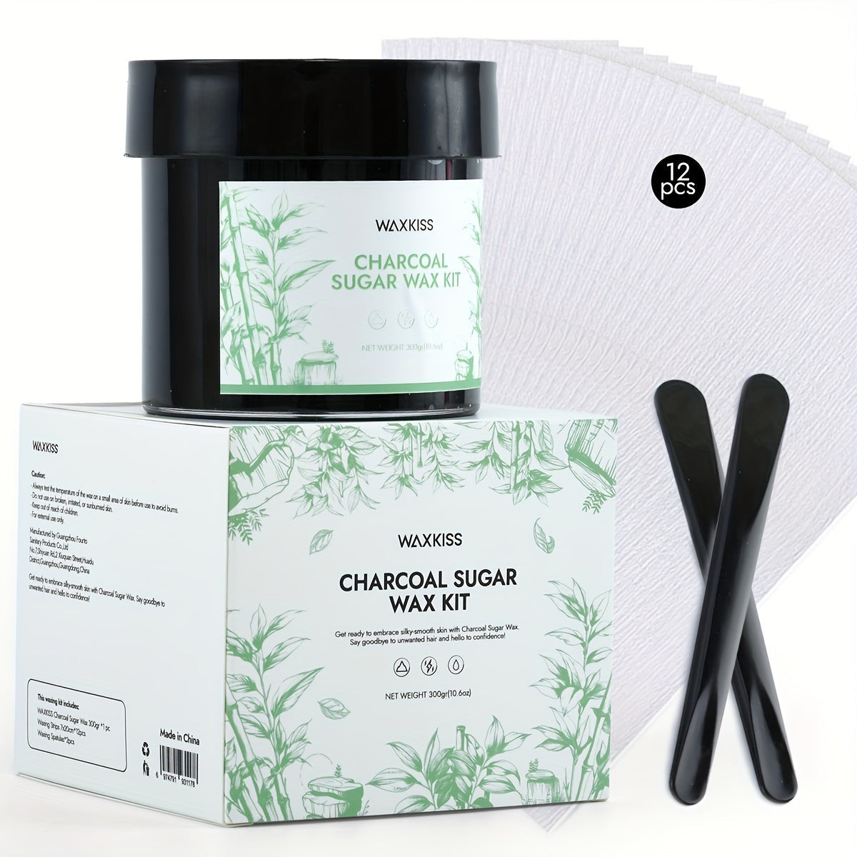 Sugar Wax Hair Removal Kit 300g - Gentle Soft Wax with Strips & Sticks for Body Hair Removal, Lemon or Activated Carbon Formula, Residue-Free At-Home Waxing for Women