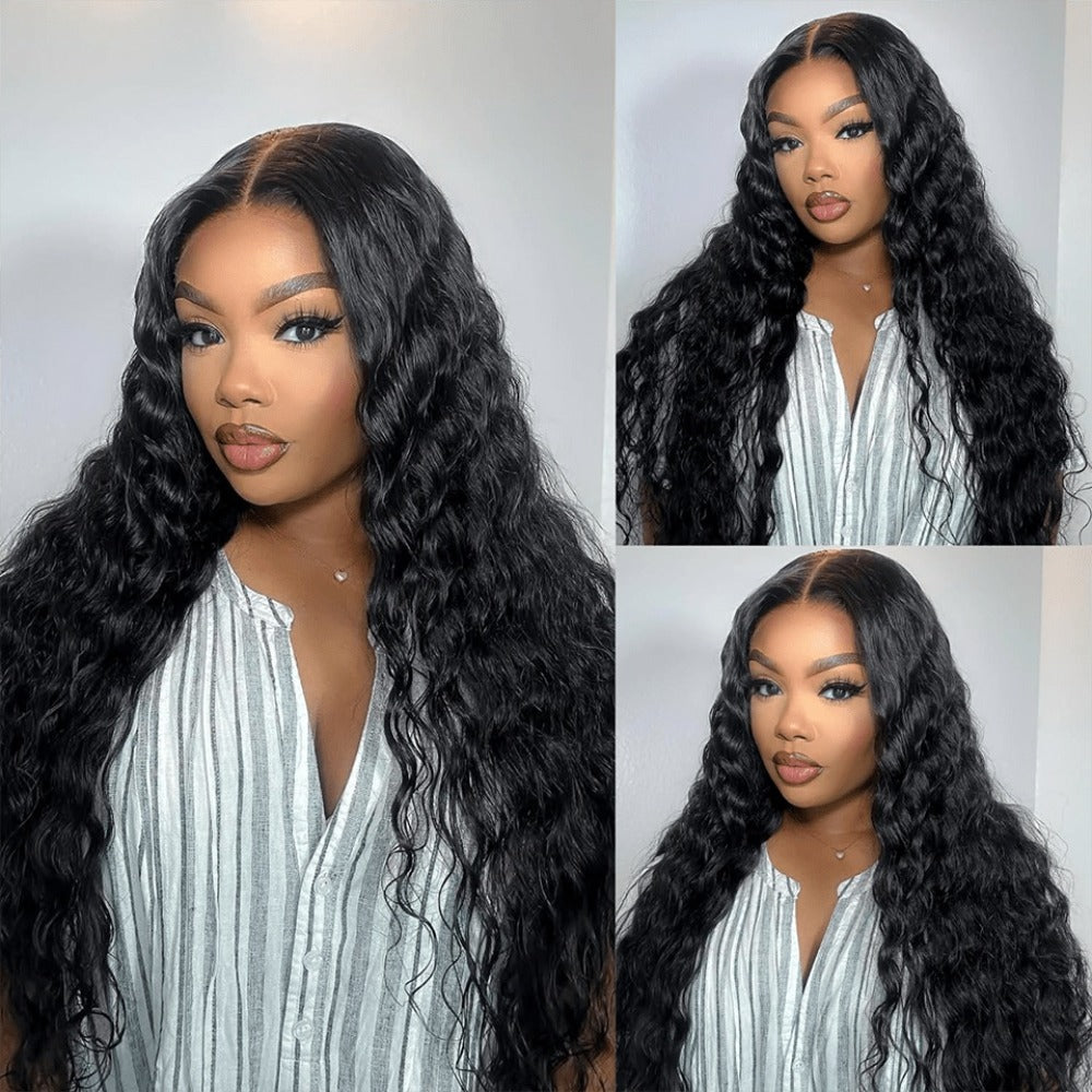 Deep Wave Human Hair Wig Glueless 250% Density Lace Front — Pre Plucked Pre Cut Lace Buckle Cap Loose Wave Wig for Black Women Natural Black 14 Inch