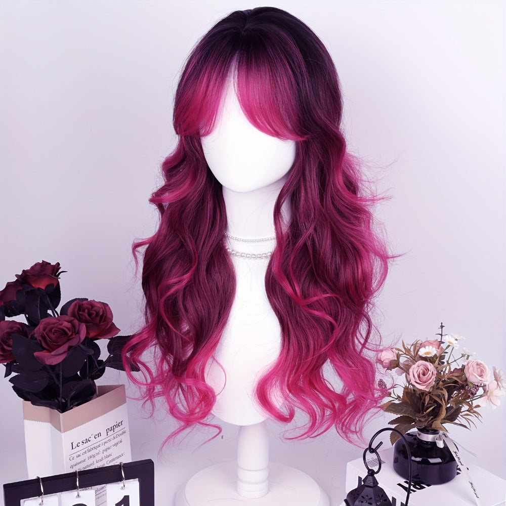 28 Inch Long Wavy Wig with Air Bangs Rose Red Gradient 150% Density Heat Resistant Synthetic Rose Net Cap Curly Wave Wig for Women Parties Halloween Christmas Daily Wear