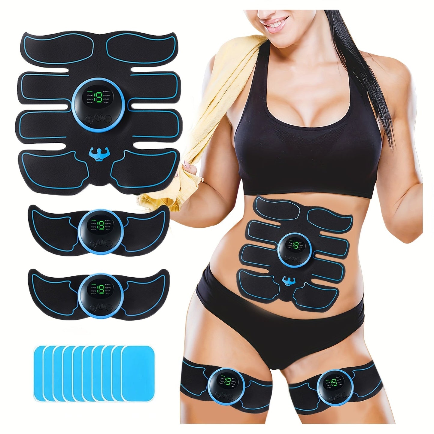 EMS Muscle Stimulator Abdominal Training Belt, Electronic Ab Toner for Whole Body Fitness & Strength Training, Exercise Equipment for Men & Women – 3 Machines + 3 Patches Included