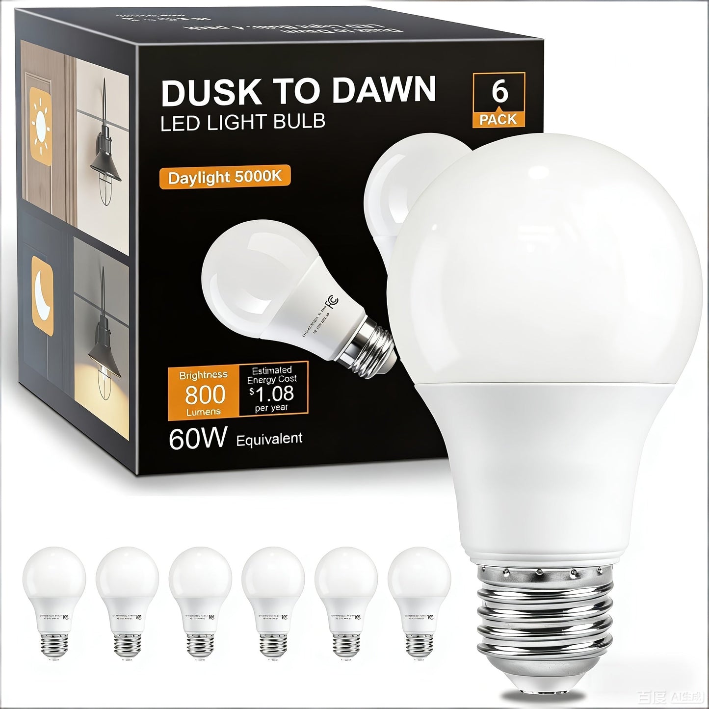 Dusk to Dawn Light Bulb A19 9W 800 Lumens 60W Equivalent with Auto On Off Photocell Sensor – E26 Base Soft White 2700K & Daylight 5000K 80+ CRI Indoor Outdoor Porch Security Lighting, 6 Pack