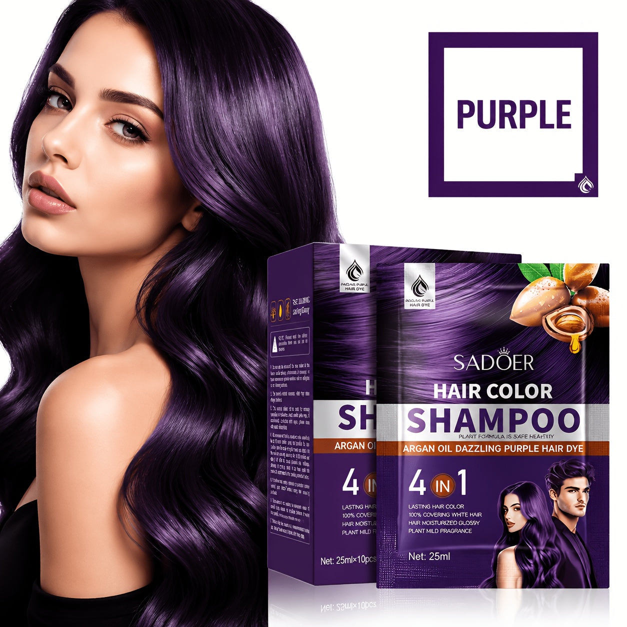 3-in-1 Hair Color Shampoo 10-Pack Single-Use Sachets Natural Dye Deep Cleansing Moisturizing Gel — Gray Coverage Portable At-Home Hair Coloring Unisex Black Brown Red Purple