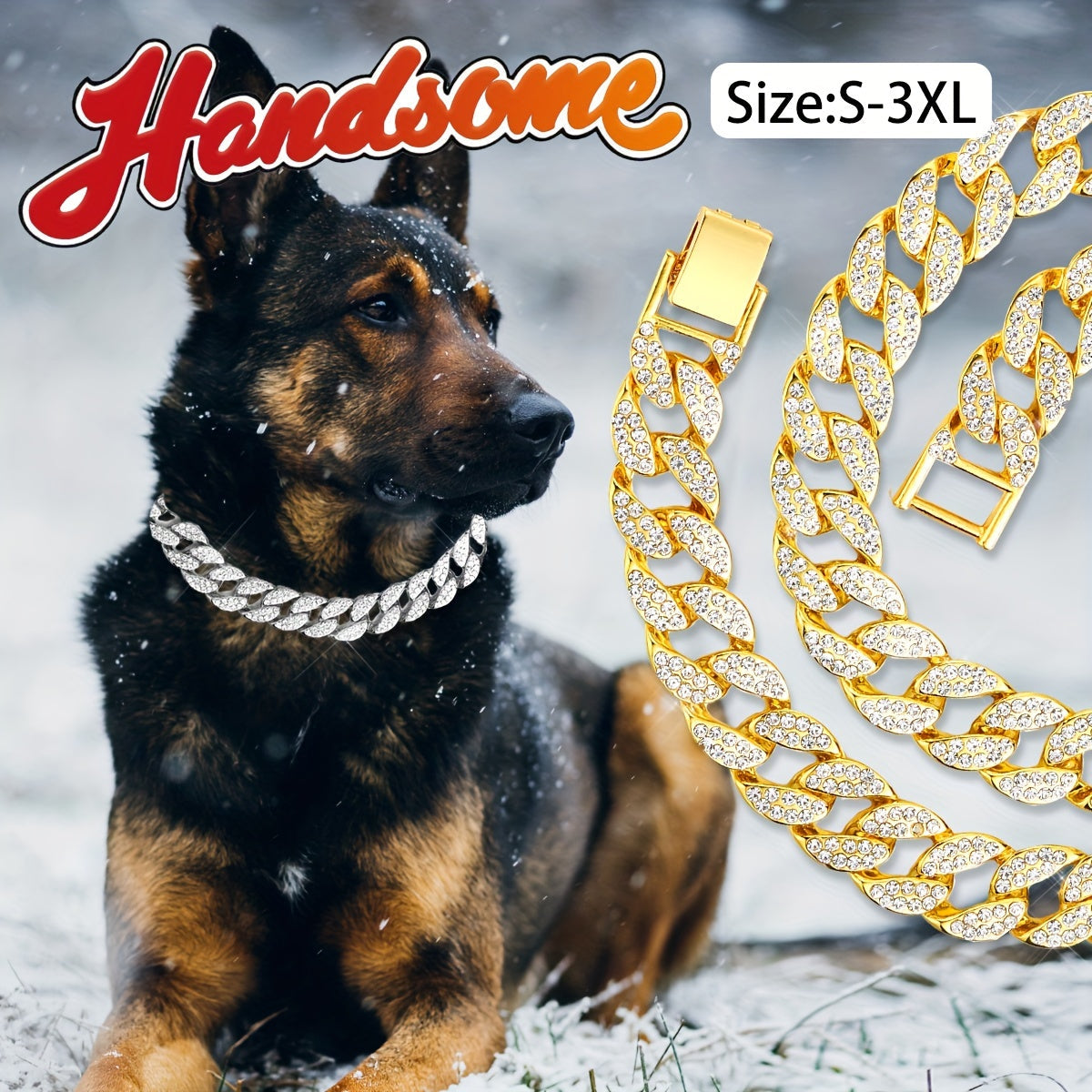 Dog Cuban Link Chain Necklace Full Rhinestone Pet Collar Jewelry – Durable Metal Bling Necklace for Small to Large Dogs & Cats, Sizes S to 3XL, Golden Silver Rose Gold, Holiday Gift