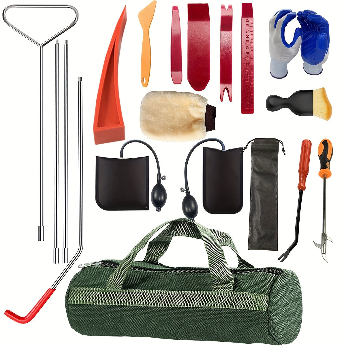 Emergency Car Door Opener Tool Kit, Universal Car Emergency Kit, Car Door-Unlocking Kit With Long Reach Grabber, Wedge Air Bag, Auto Trim Removal Tool Kit And Tool Bag Etc. Blue