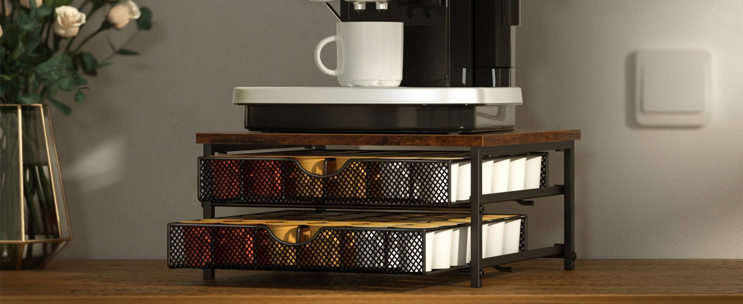 K-Cup Coffee Pod Holder 72 Capacity – 2-Tier Sliding Drawer Coffee Pod Organizer with Wood Top & Metal Frame, Non-Slip Base, Stackable Countertop Storage for Home, Office & Cafe – Silver