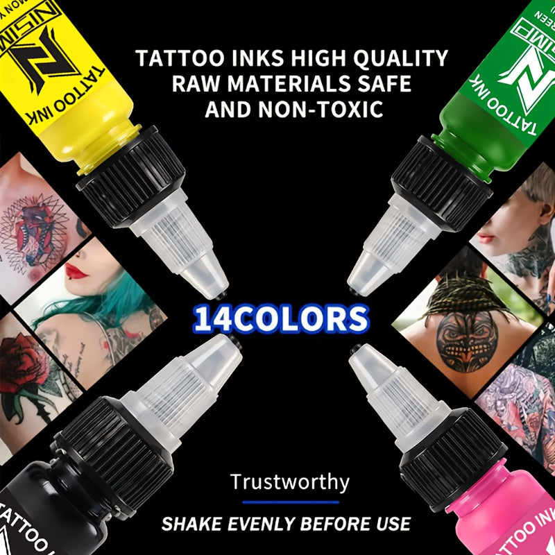 Tattoo Ink Set NISIMP Professional Pre-Dispersed 7 & 14 Vibrant Colors — High Pigment Skin-Friendly Tattoo Ink for Outlining Shading Color Packing Body Painting Beginners & Expert Artists