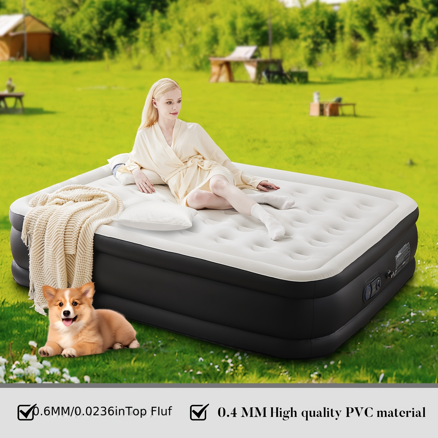 Inflatable Air Mattress with Built-In Pump - Double Height Adjustable, Non-Slip Bottom, Low Noise, 660 Lbs Capacity, Twin & Queen Sizes 16"/18"/22", for Outdoor Camping, Indoor Guest Bed, Backyard & Yard Use