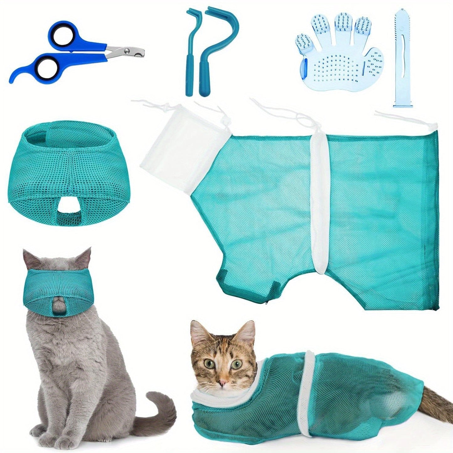 Cat Grooming Kit 5-Piece Set – Adjustable Bathing Bag, Nail Clippers, Flea Comb, Massage Brush & Grooming Net | Complete Cat Care Tools for All Breeds & Ages | Ideal Gift for Cat Owners