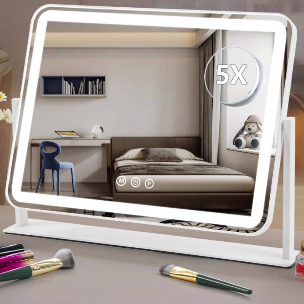 Lighted Makeup Mirror with 5X Magnification - LED Vanity Mirror with 3-Color Adjustable Lighting, Smart Touch Control, 360° Rotation, Tabletop Illuminated Mirror for Dressing Table, Makeup Desk & Bathroom