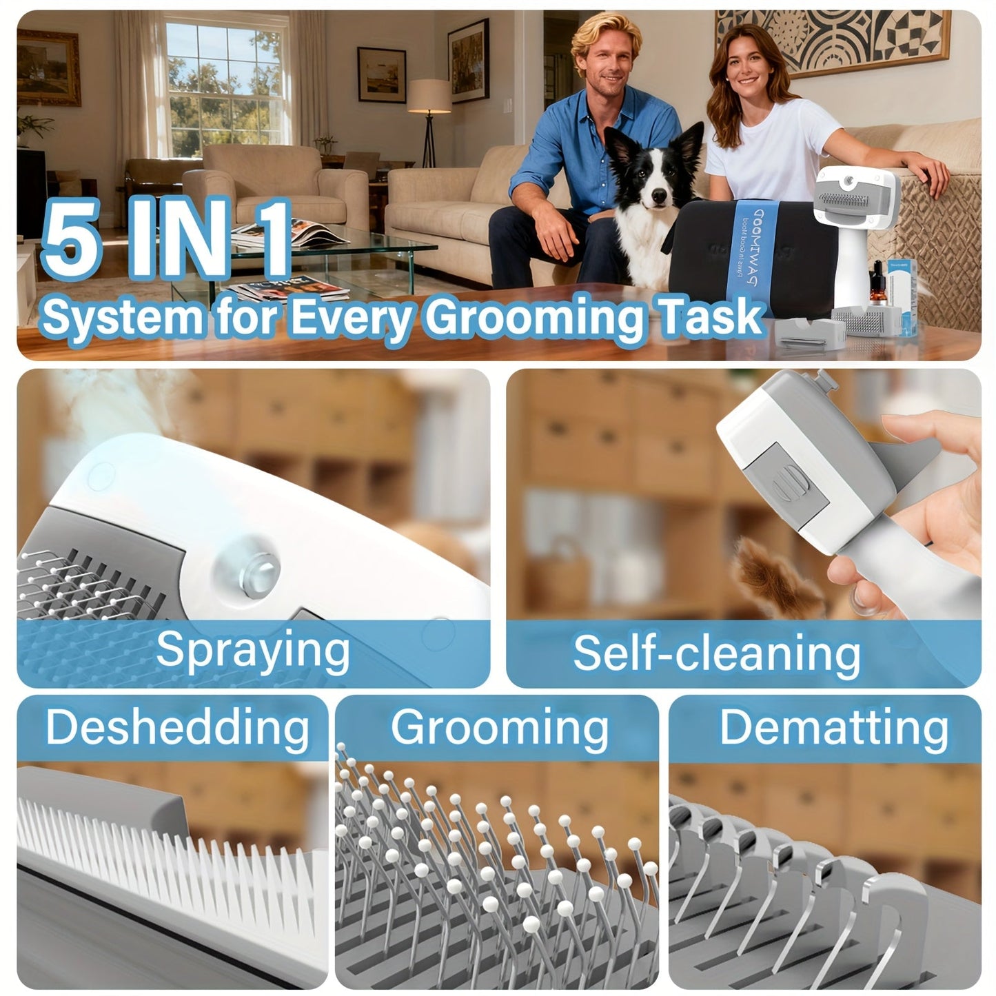 Pet Steam Brush 5-in-1 Self-Cleaning Anti-Static USB Powered - Stainless Steel Bristles Built-in Tank for Cats Dogs Shedding Massage Cleaning Flea & Tick Removal