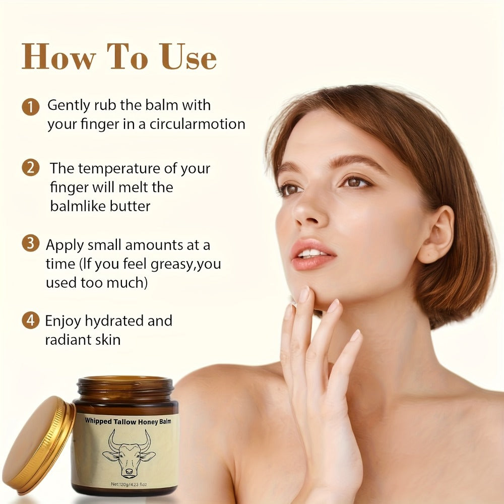 Whipped Beef Tallow Balm for Face & Body 4oz - Grass-Fed with Honey, Natural Non-Greasy Deep Moisturizer for Dry & Sensitive Skin, Vitamins A D E K, Unrefined Formula for Women & Men