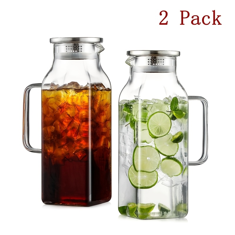 Glass Pitcher with Lid & Handle 68oz – Square Borosilicate Water Jug for Fridge | Heat Resistant Iced Tea Carafe, Cold Brew Coffee Server & Beverage Pitcher for Juice, Milk & Sangria